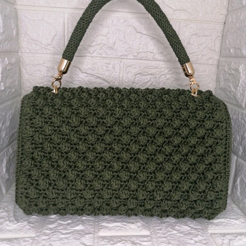 Handmade knitted handbag new, olive green with gold clasp