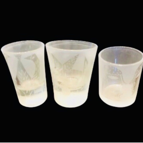 Shot glasses like new, set of 3 with frosted texture and designs