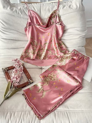 Pink Floral Satin Pajama Set new XL