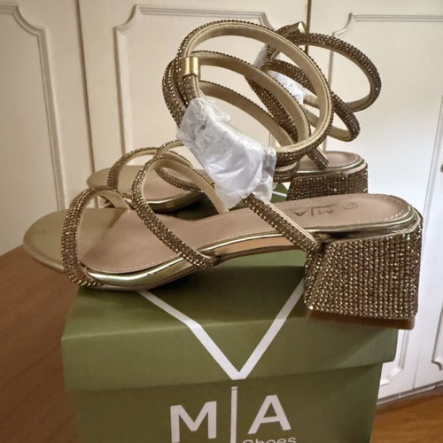 Luigi gold sandals with rotating strass ankle strap, size 37, new