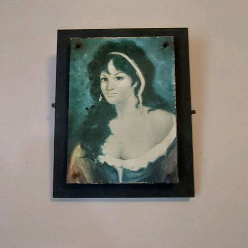 Retro portrait of woman on wood panel like new 34x27