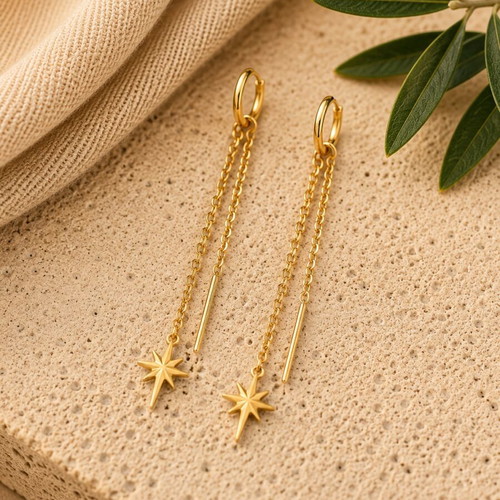 Long gold-tone earrings with star and chain celestial design, new
