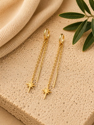 Long gold-tone earrings with star and chain celestial design, new