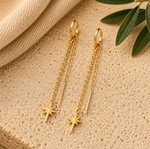 Long gold-tone earrings with star and chain celestial design, new