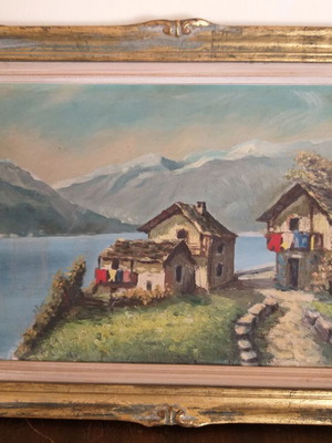 Πίνακας ελαιογραφία μεταχειρισμένος με ειδυλλιακό ρουστίκ τοπίο και χρυσή παλιά κορνίζα