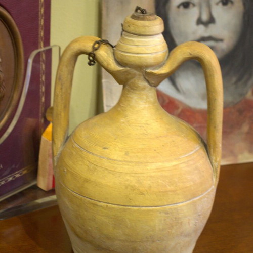 Mediterranean terracotta olive oil jug used, Apulian pottery