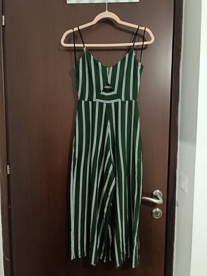 Stradivarius women's jumpsuit used, green with white stripes, cut-out bust