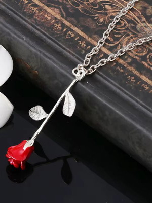 Eternal Silver Rose necklace new, silver with red rose pendant