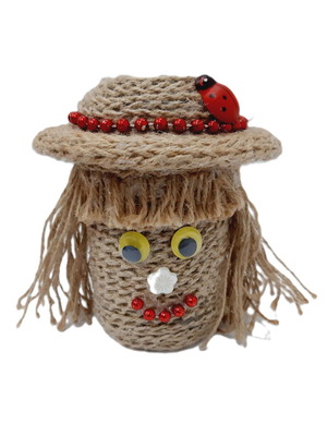 Vintage art doll jar wrapped in twine with hat, like new