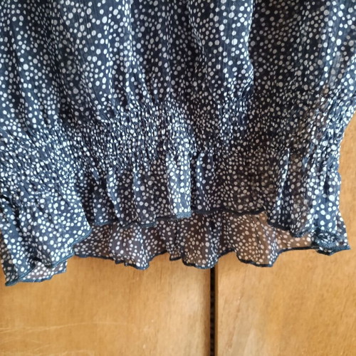 Blue polka dot chiffon blouse with ruffles and smocked waist, like new