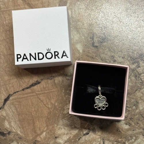 Pandora heart paw print charm with message, silver