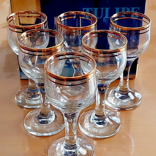 Pasabahce Tulipe Liqueur Glasses Set of 6 New with Gold Rim
