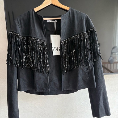 Zara suede outerwear new with rhinestone fringes black