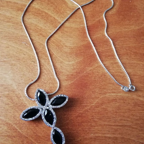 Silver cross 925 like new with white and black zircon