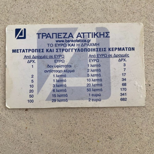Collectible Bank of Attica card used, euro to drachma conversion