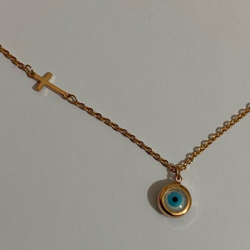 Necklace and bracelet set with cross and evil eye like new, blue and gold