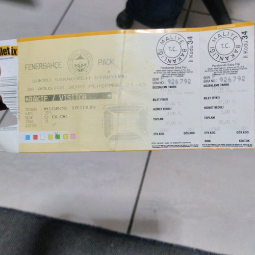 PAOK match ticket from historic Fenerbahce game 26-8-10 like new