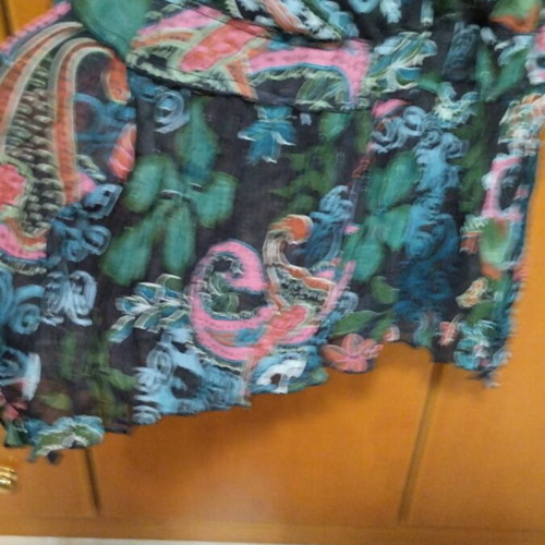 Blouse used, colorful transparent with crossover neckline and lace pattern, size L