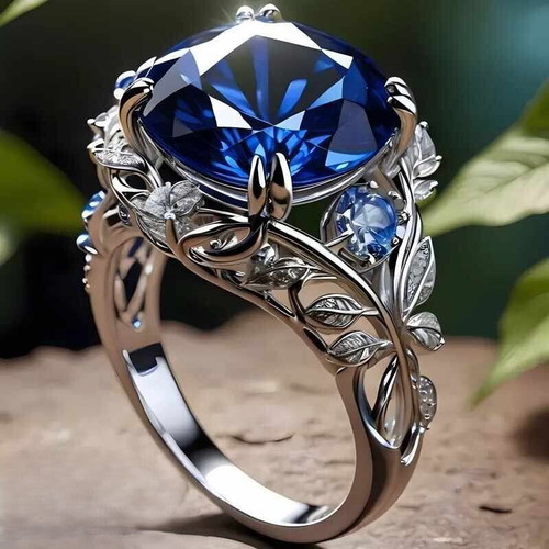 Women's ring with synthetic blue sapphire princess cut, silver floral design