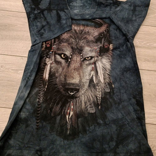 The Mountain T-shirt with wolf print and headphones, used, indigo tie-dye