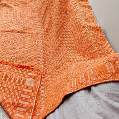 Handwoven caramel blanket with lace, like new