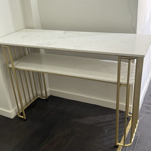 Desk console with metal frame and white marble-look surface