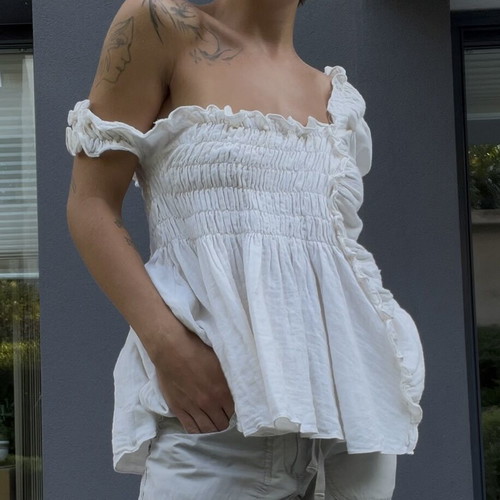 Maison Mume Handmade Asymmetric Off-Shoulder Ruched Top like new, cotton linen mix