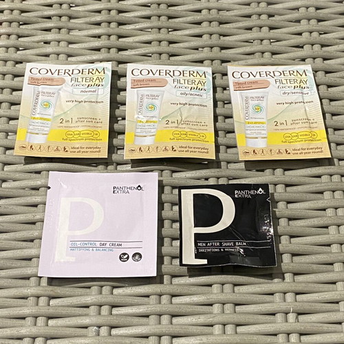 Coverderm Filteray Face Plus tinted cream samples and Panthenol Extra skincare set
