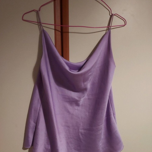 Satin blouse like new with draped neckline, purple, one size