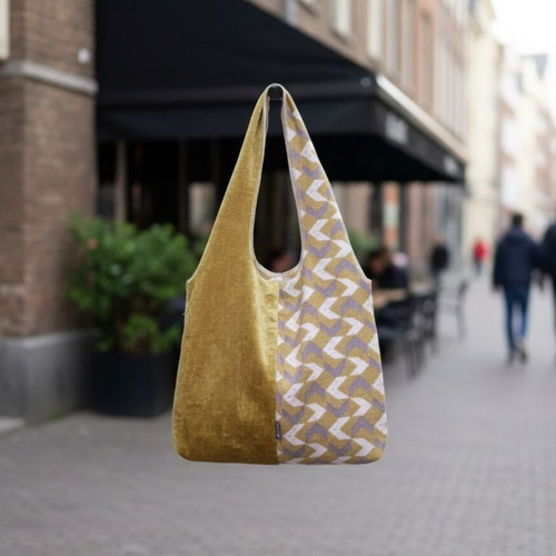 Geometric Double Shoulder Bag new, reversible mustard and velvet fabric