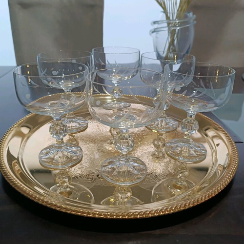 Set of 6 Crystal Coupe Champagne Glasses Used, Diamond Engraved