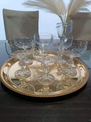 Set of 6 Crystal Coupe Champagne Glasses Used, Diamond Engraved