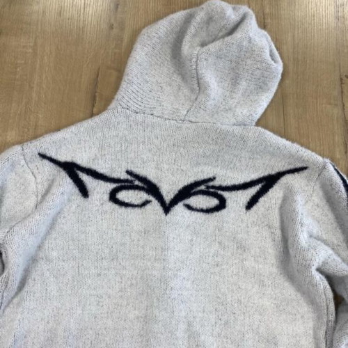 Oversized gray zip-up fleece hoodie with tribal graphics