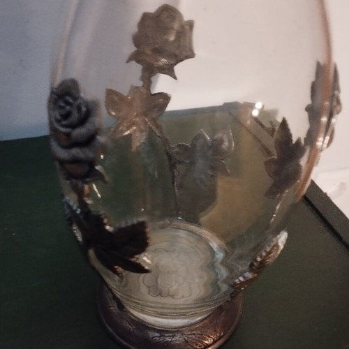 Vintage decorative vase with embossed roses tin/alpaca, 24cm