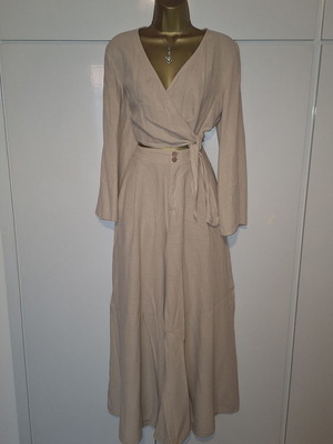 Zara woman beige linen set with wrap top and trousers, medium size