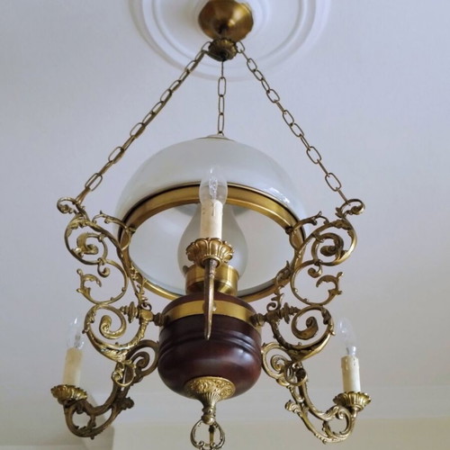 Vintage Brass Chandelier Neoclassical | Large Opaline & Candles | Rare