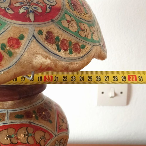 Vintage table lamp handmade from camel leather and wood, used