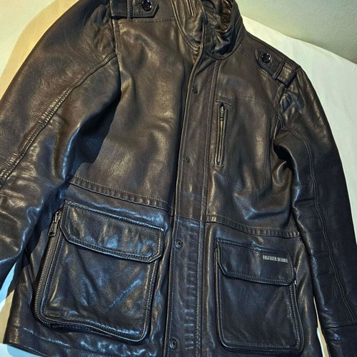 Hilfiger Denim men's leather jacket used, brown to gray, size M