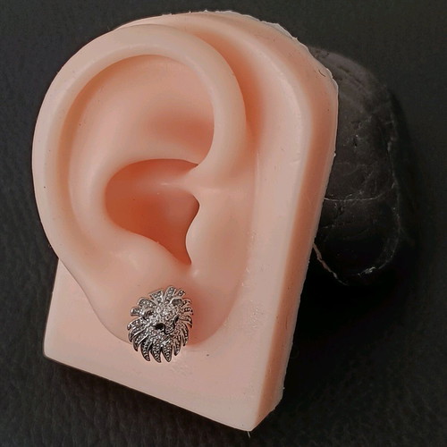 Stainless steel lion head stud earrings with zirconia