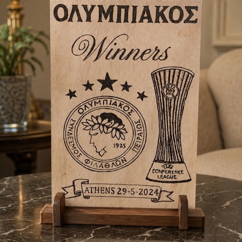 Handmade Olympiakos pyrography on sea wood A4