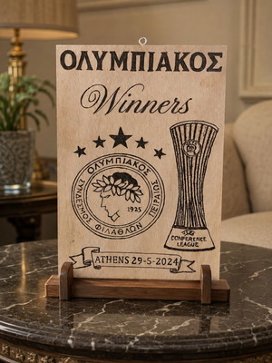 Handmade Olympiakos pyrography on sea wood A4