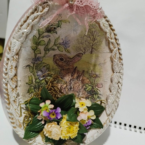 Easter porcelain decorative egg 20 cm with bunnies