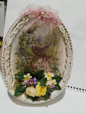 Easter porcelain decorative egg 20 cm with bunnies