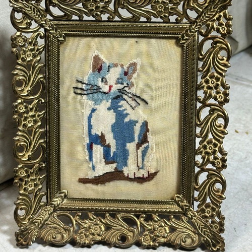 Vintage decorative frame with handmade cat embroidery, used