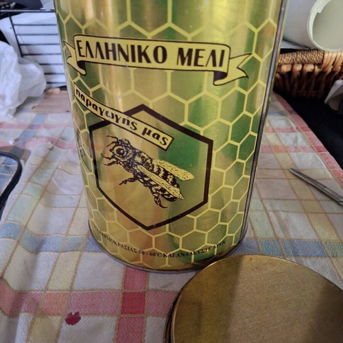 Large metal tin "Greek Honey" used, tinplate 5 kg capacity