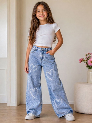Jeans pants new with hearts, loose fit for 12-year-old girls