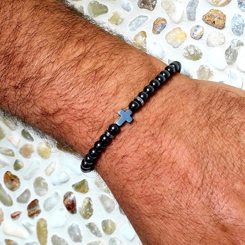 Men's bracelet with cross and black hematite stones, new