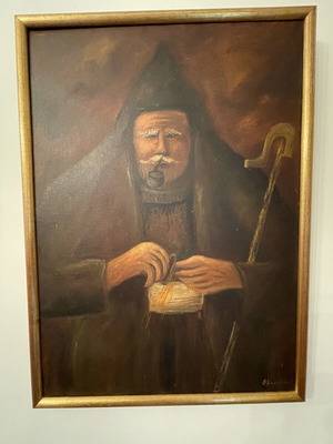 Oil painting by Th. Karathanos like new, traditional Greek shepherd