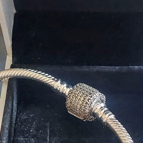 Pandora bracelet size 18 cm with pave stone clasp, silver
