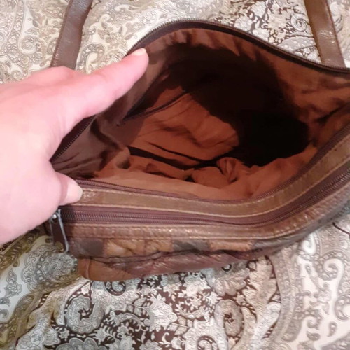 Leather shoulder bag used, beige and brown patchwork